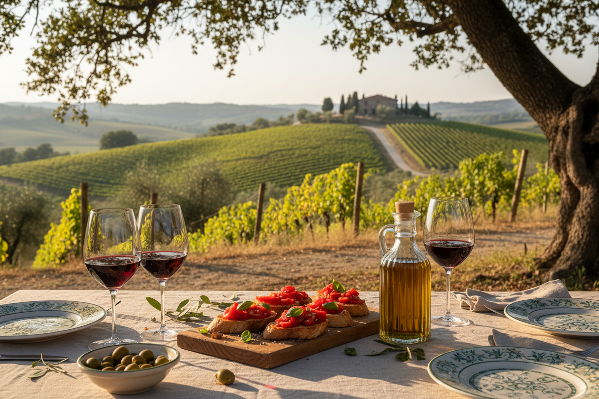 sfondo naturale, vigneto, uliveto, calici di vino e bruschetta e oliera di vetro trasparente